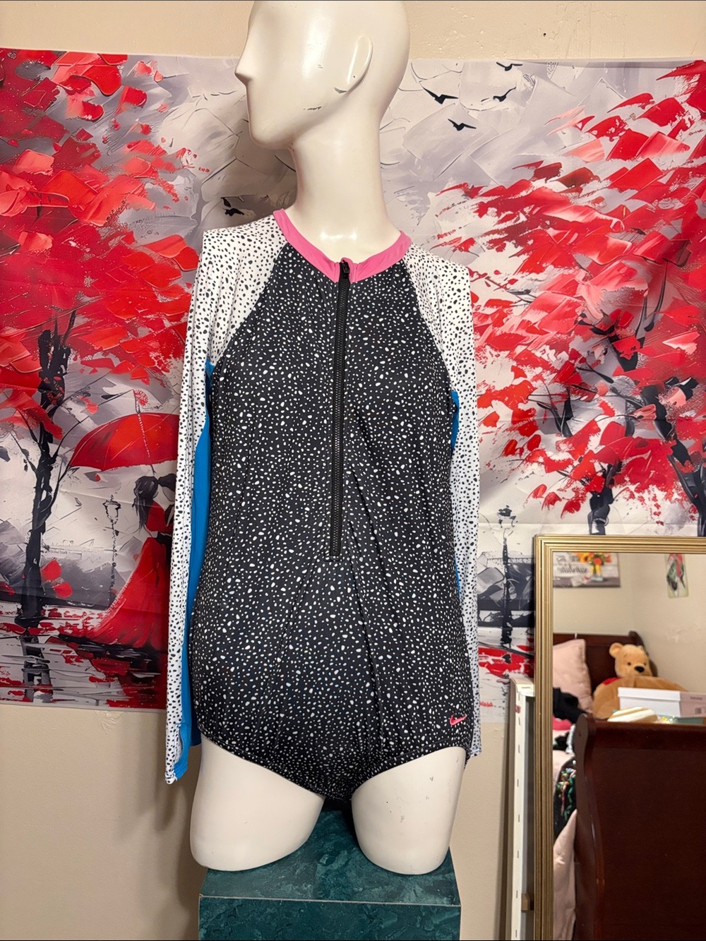 Nike Polka Dot Long Sleeve Zip-Front Swimsuit with Pink Trim